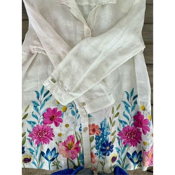 John Mark 100%‎ Linen Floral Border Wire Collar Button Front Size Large - Picture 8 of 12